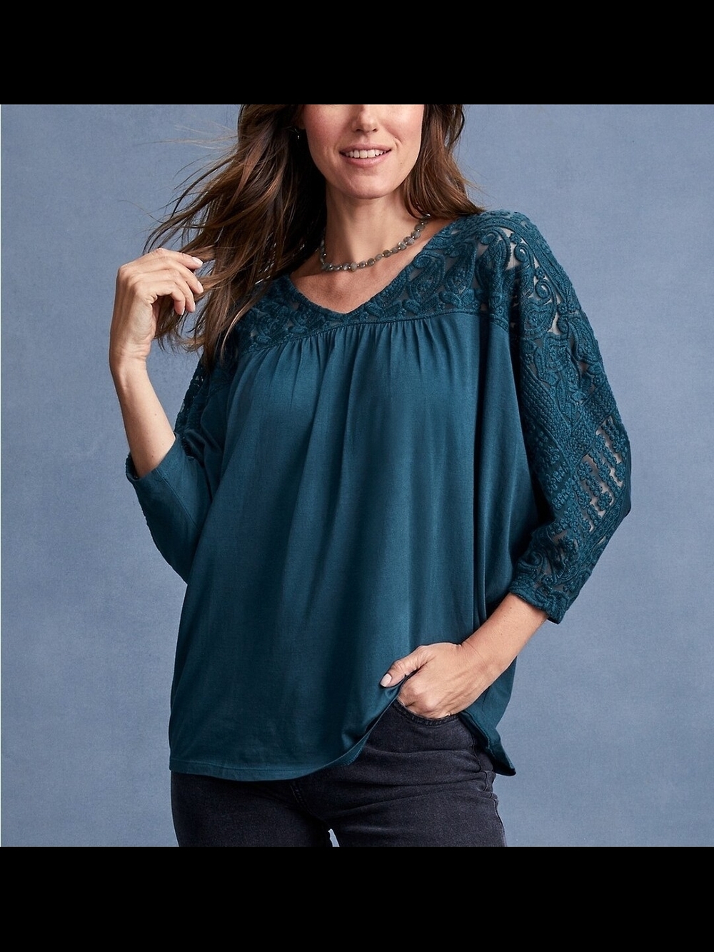 Garnet Hill Teal Lace-Yoke Tunic Top Oversize